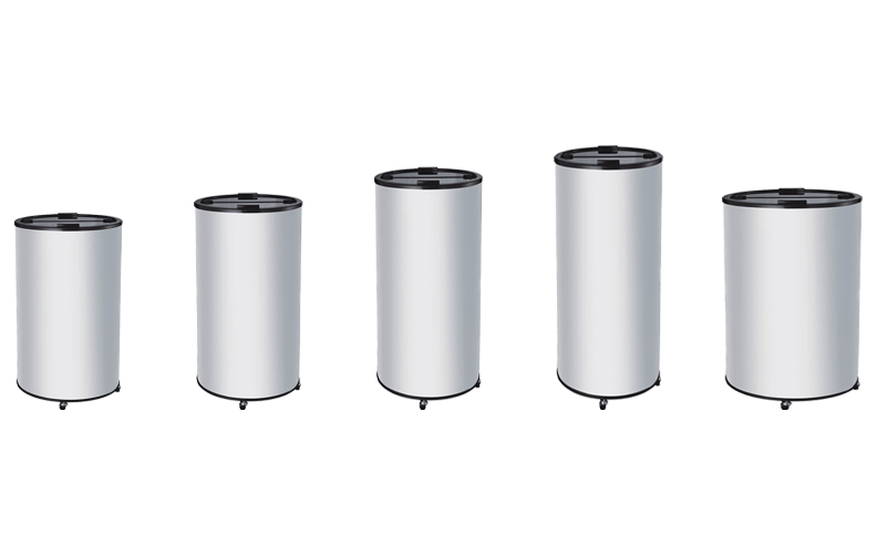Round Beverage Cooler in 40, 50, 65, 77 and 85 Liters (From Left to Right)