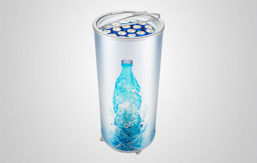 Круглый холодильник для напитков со складывающейся стеклянной крышкой, состоящей из двух частей