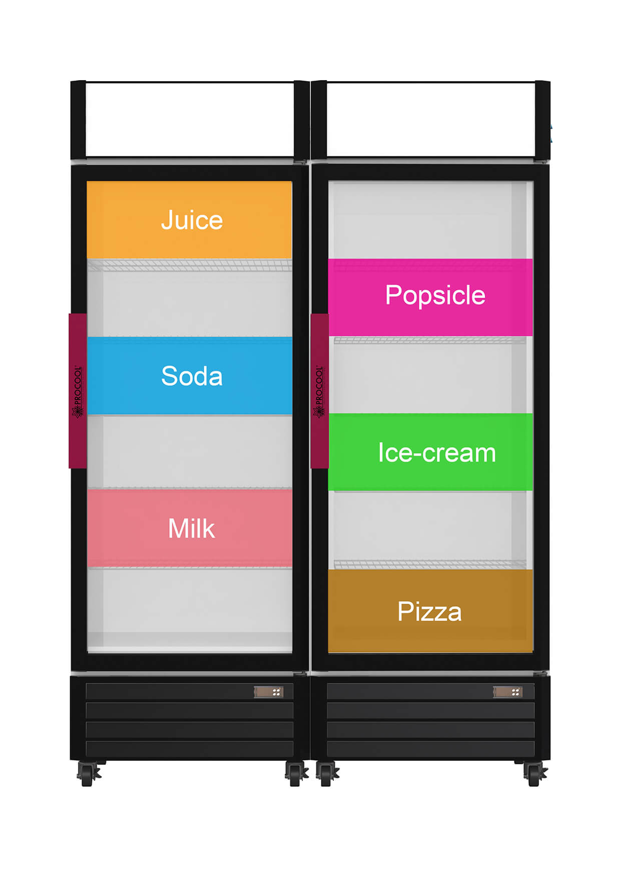Procool Combo de refrigerador y congelador con puerta de vidrio CS-660 + FS-600 con pegatinas