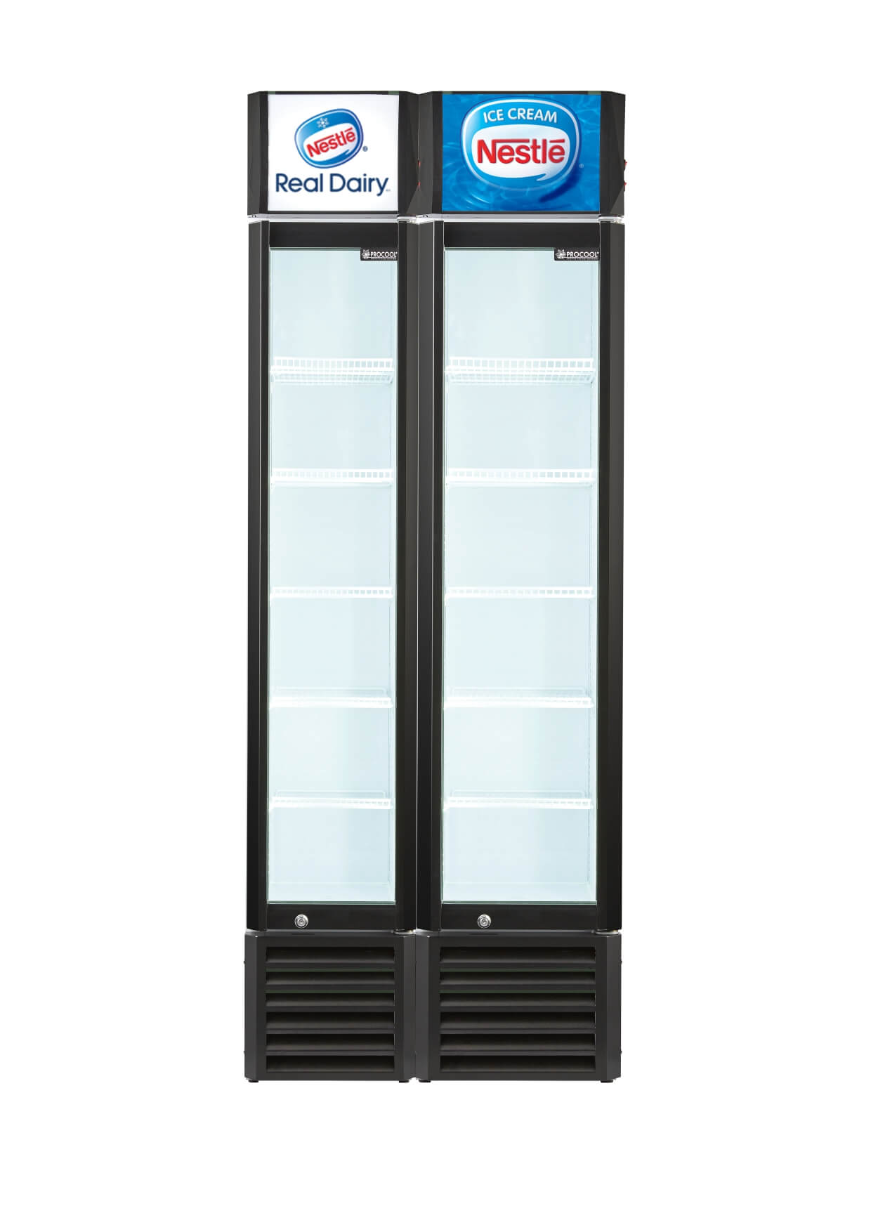 Procool Combo de refrigerador y congelador con puerta de vidrio CSL-160 + FSL-160 con caja de luz de marca