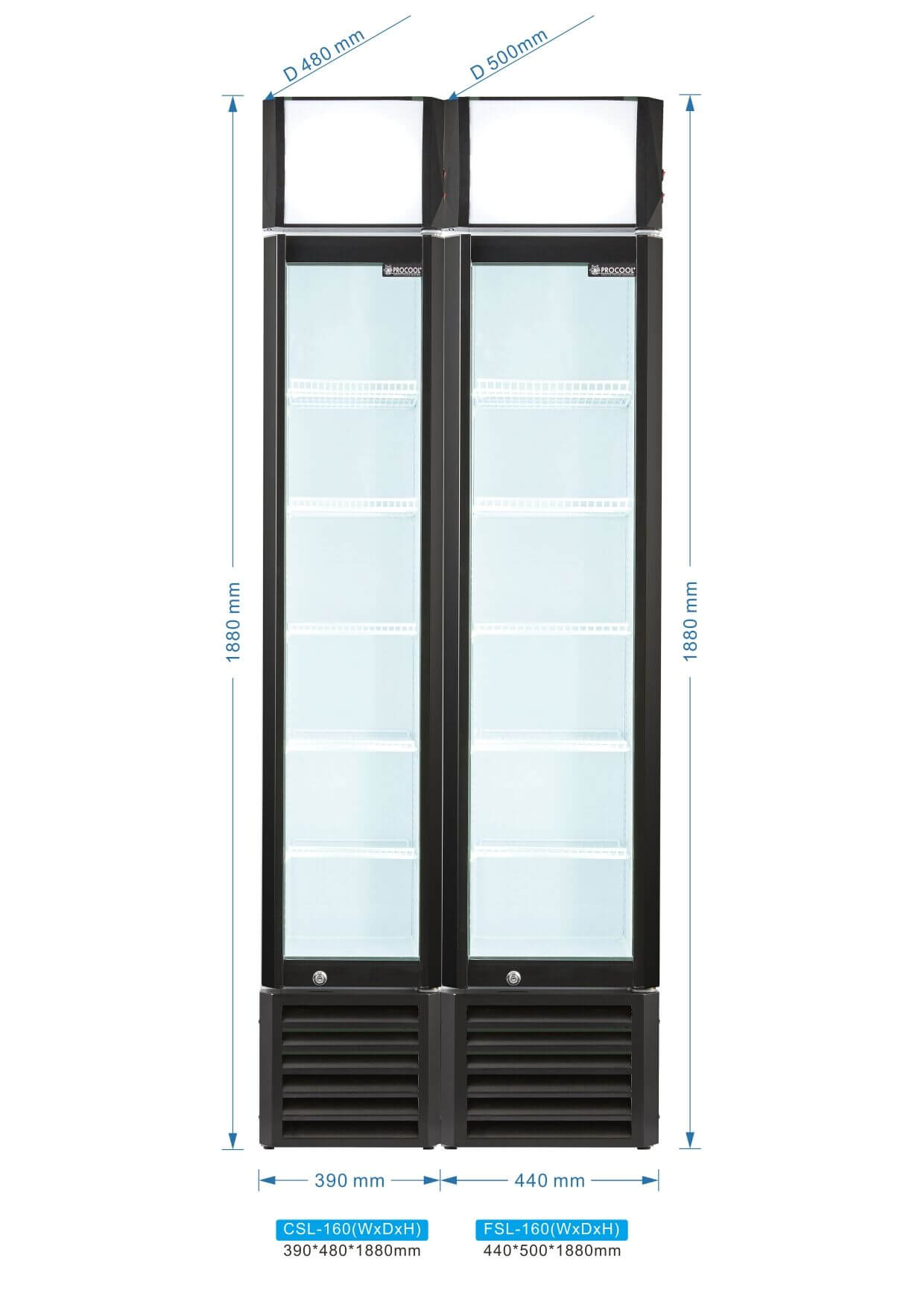 Procool Combo de refrigerador y congelador con puerta de vidrio CSL-160 + FSL-160