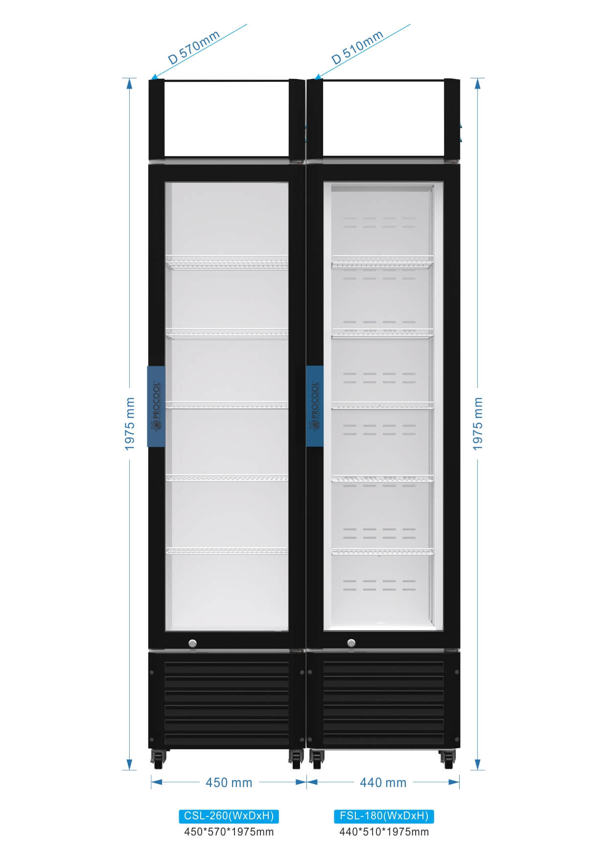 Procool Combo de refrigerador y congelador con puerta de vidrio CSL-260 + FSL-180
