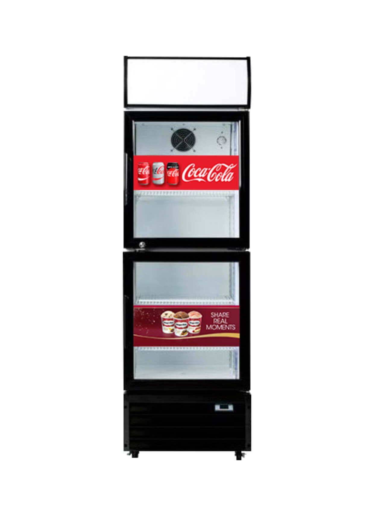 Procool Combo C-360 de refrigerador y congelador con puerta de vidrio integrada con pegatinas de marca