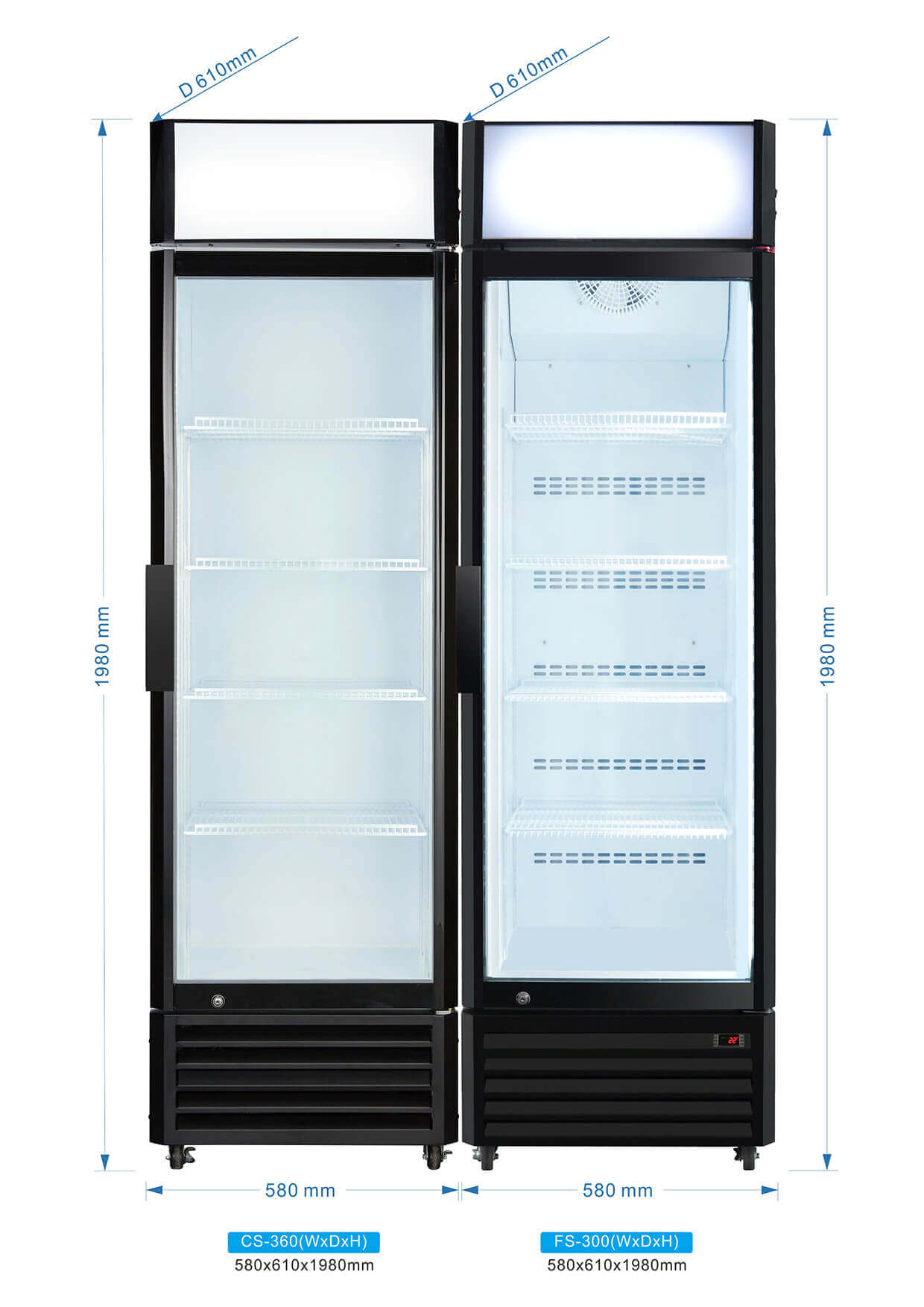 Refrigerator Freezer Combo 6 Door L72 x D27 x H75 In Glass Display Fridge 