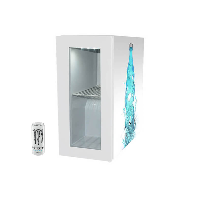 Compact Glass Door Beverage Refrigerator with Stickers