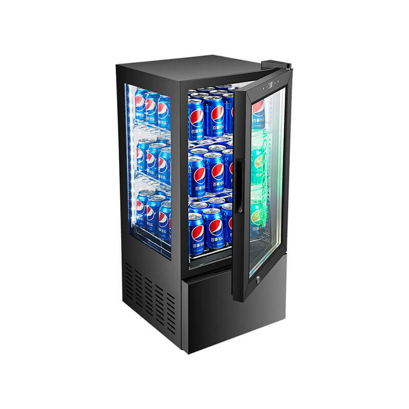 Refrigerador de bebidas con puerta de vidrio de cuatro lados Puerta abierta