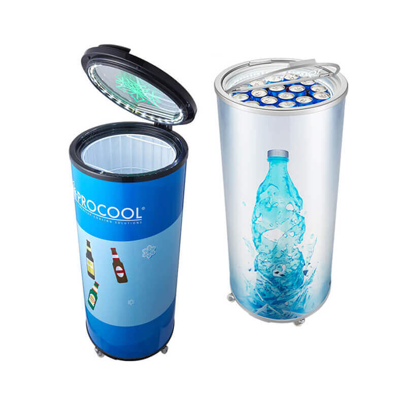 Refrigerador de bebidas con puerta de vidrio al aire libre con logotipos grabados