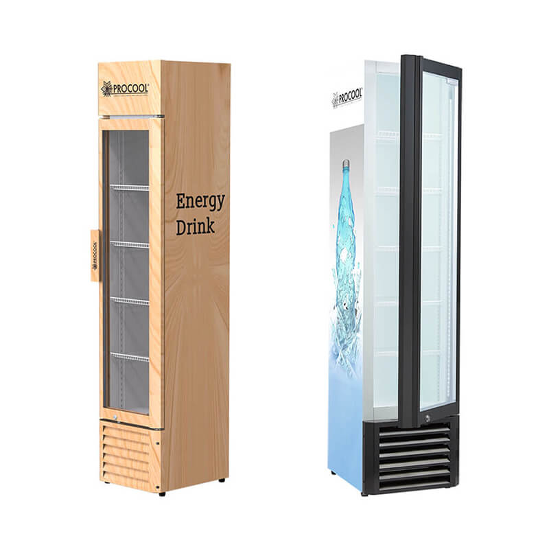 Réfrigérateur à boissons à porte en verre mince avec matériau en bois et logo 3D