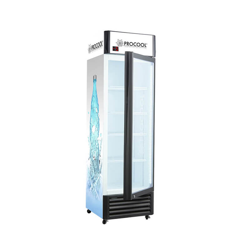Enfriador de bebidas con puerta de vidrio Sub-Zero con pegatinas laterales y logotipos de caja de luz