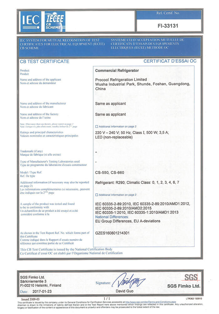 Certificación de refrigeración Procool_CB