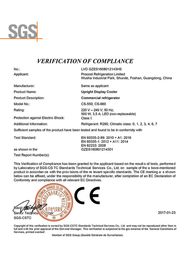 Certificación de refrigeración Procool_CE