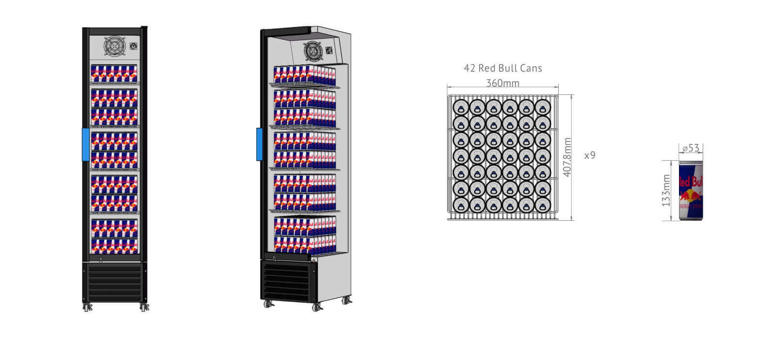 Procool Narrow Drinks Fridge CSL-260B Pack-out_Red Bull 250ml Cans