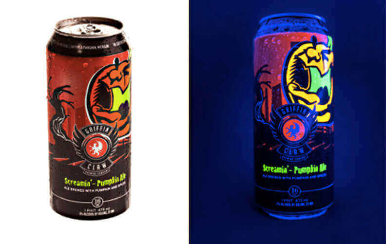 Beverage Cans Printed with Materials Glowing Under Ultra Violet