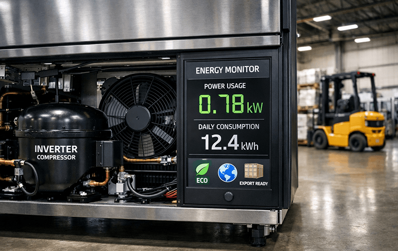 Commercial inverter refrigerator with energy display in industrial warehouse