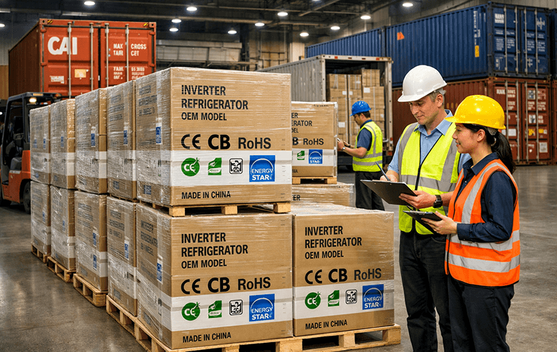 Global B2B export of certified commercial refrigerators in warehouse