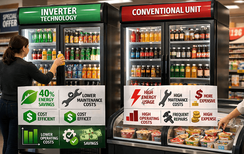 Inverter vs conventional commercial refrigerators energy efficiency comparison